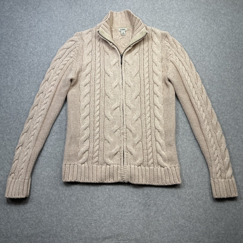 LL Bean Cardigan Medium Pink Double L Cable Knit Zip Outdoor Comfort Cabin Core